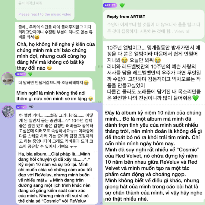 Chia sẻ của Joy (nền xanh lá) và Yeri (nền tím). Ảnh: Red Velvet Vietnamese Fanpage - RVVF