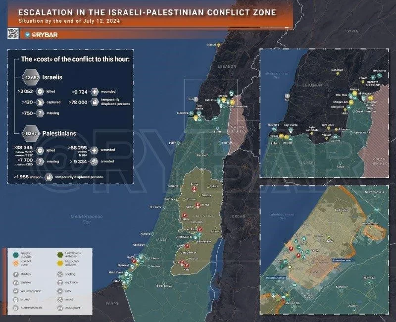 Bản đồ xung đột Israel - Hamas ngày 12/7. (Ảnh: Rybar)