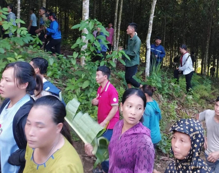 Người dân cùng lực lượng chức năng tìm kiếm bé trai 2 ngày mất tích trong rừng sâu.