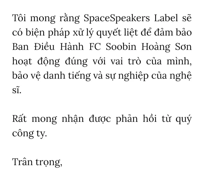 Toàn văn tâm thư mà cộng đồng fan SOOBIN gửi đến SpaceSpeakers, yêu cầu xem lại cách hoạt động của FC.