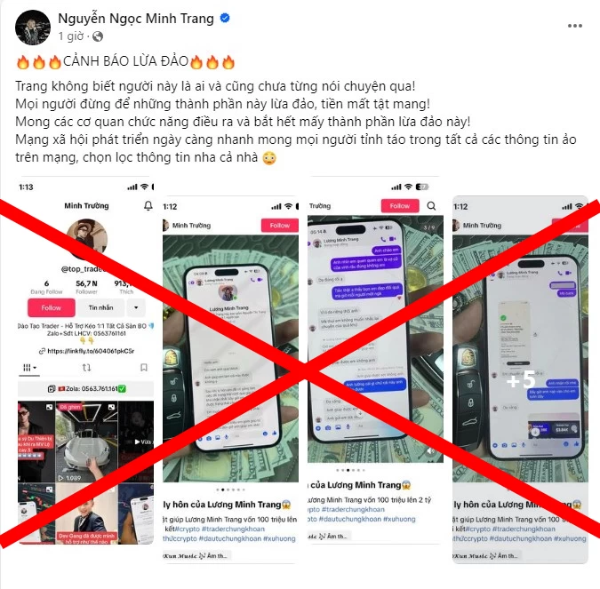 Lương Minh Trang đăng bài cảnh báo mọi người tránh bị lừa tiền mất tật mang