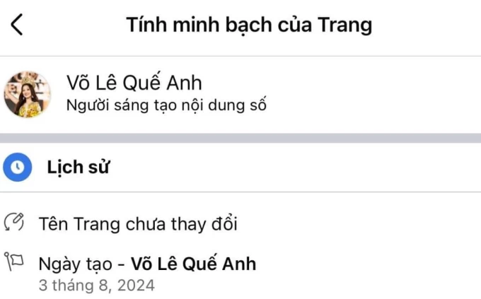 Tuy nhiên, netizen soi ra chi tiết lạ khi Hoa hậu Quế Anh được tạo trang vào ngày 3/8