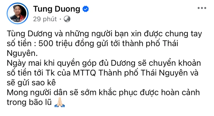 Ca sĩ Tùng Dương cho biết anh và bạn bè sẽ góp 500 triệu đồng gửi đến Thái Nguyên 