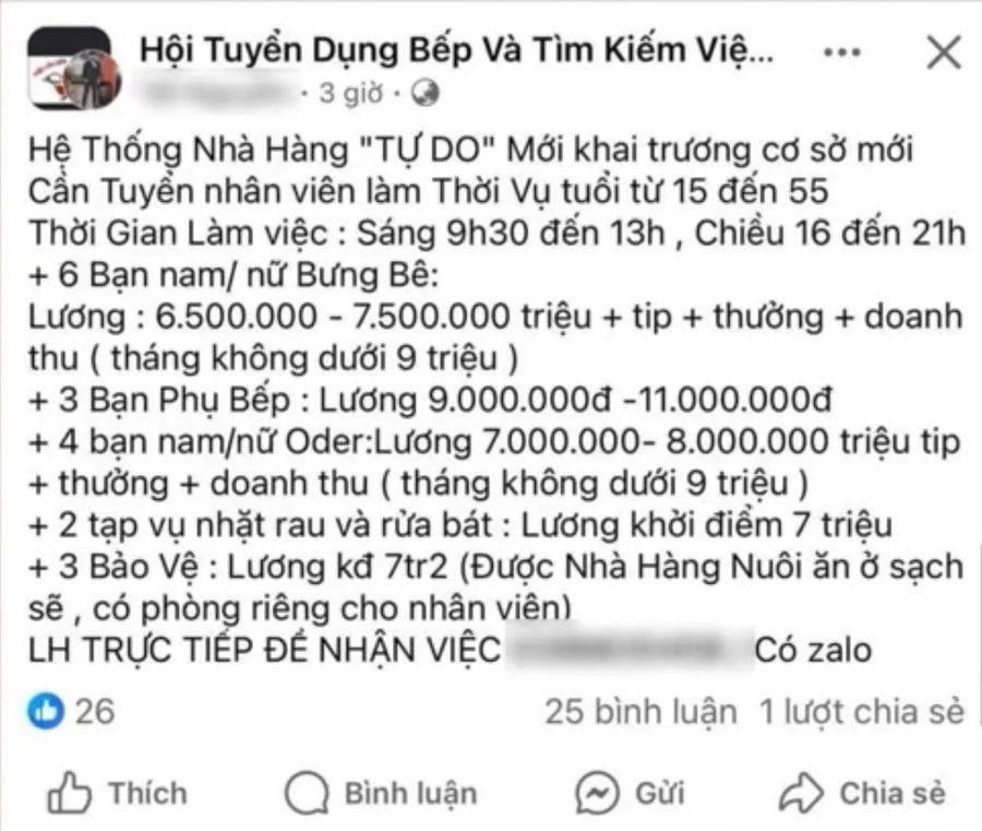 Bài đăng tuyển dụng mạo danh chuỗi nhà hàng T.D. Ảnh: NVCC