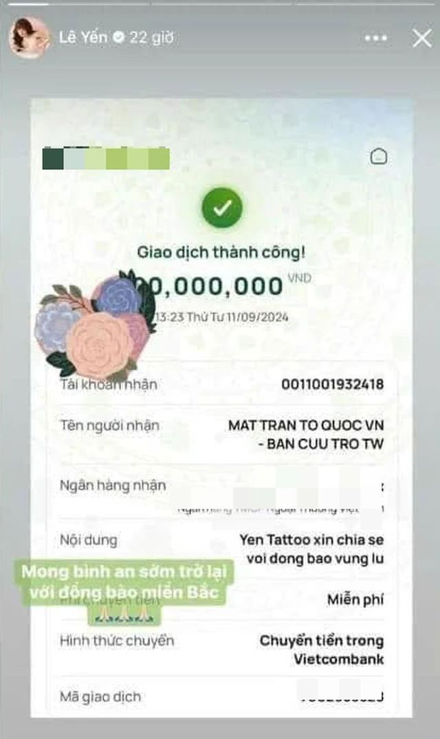 Yến Tatoo chia sẻ hình ảnh chuyển khoản ủng hộ, cố tình phông bạt