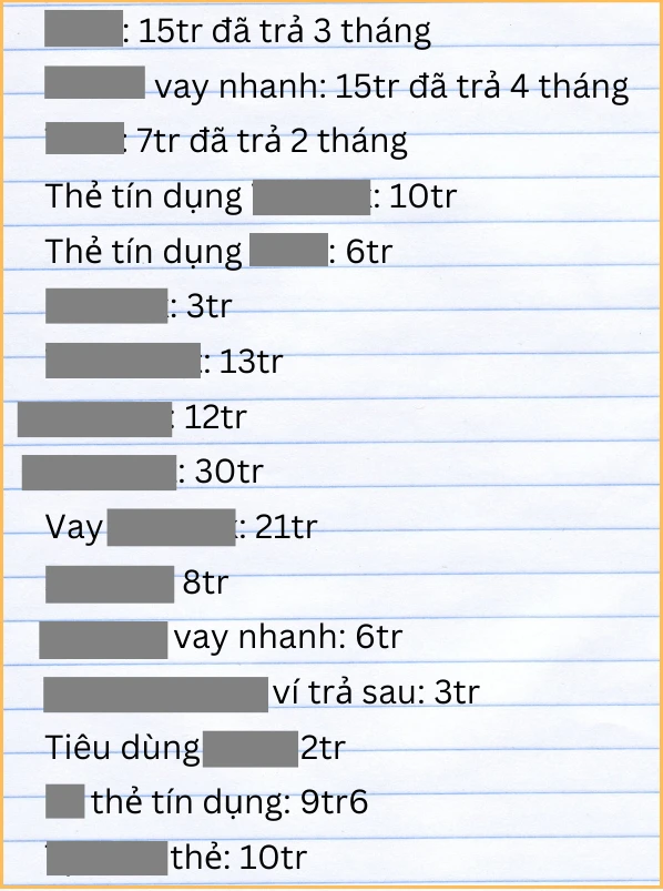 Những khoản vay rải đều từ 2 triệu cho tới hơn 30 triệu, tất cả đều là các khoản vay từ thẻ tín dụng, các ngân hàng số hoặc công ty tài chính