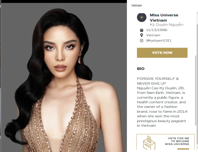 Hồ sơ của Kỳ Duyên trên trang chủ Miss Universe 2024