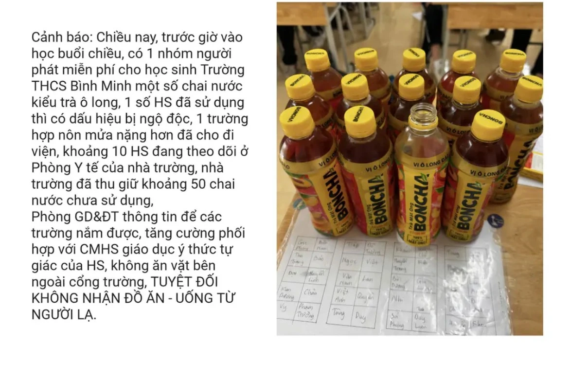 Thông tin cảnh báo được chia sẻ (bìa trái) và sản phẩm nước ngọt được nhà trường thu giữ từ các em học sinh