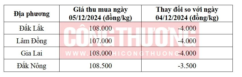 Giá cà phê hôm nay ngày 5/12/2024 tại thị trường trong nước