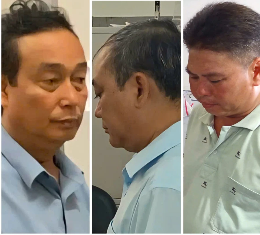 Các bị can Hồ Tấn Bạo, Nguyễn Trường Giang và Thái Hữu Phước khi bị khởi tố (thứ tự từ trái qua). (Ảnh: C.A)