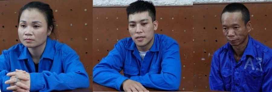 Từ trái sang, các nghi phạm Nguyễn Thị Phương, Nguyễn Hữu Tráng, Dương Tiến Tú.