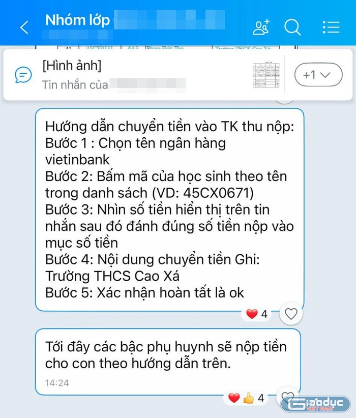 Thông báo trong nhóm lớp về việc đóng các khoản thu với tổng phí là 830.000 đồng/học sinh. Ảnh: PHCC gdvn-hoc-sinh-thcs-cao-xa-ban-nguyen1.jpg