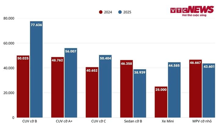 Biểu đồ nhóm ô tô người Việt mua nhiều nhất trong năm 2024 và năm 2025.