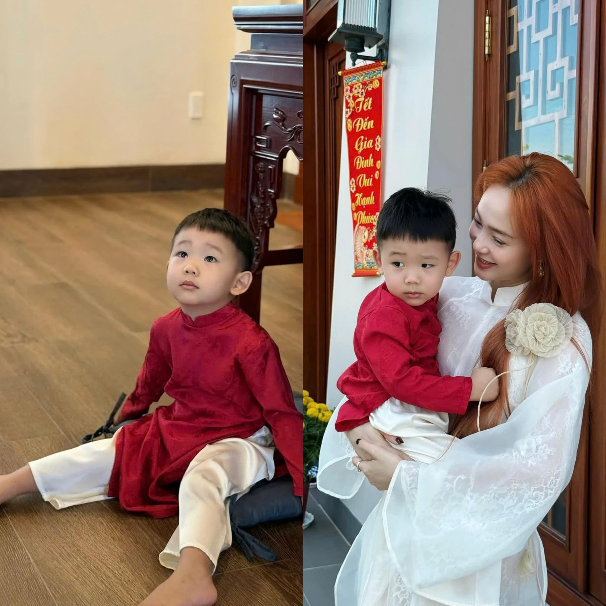 Con trai Minh Hằng đáng yêu với phong cách thời trang giản dị mà đậm tinh thần tết. Cậu bé diện áo dài truyền thống gam đỏ trầm, sắc màu tượng trưng cho may mắn, kết hợp cùng quần trắng dáng rộng, tạo nên tổng thể hài hòa, dễ thương đúng lứa tuổi. Thiết kế áo dài phom suông, chất liệu mềm mại giúp bé thoải mái vận động nhưng vẫn giữ được nét chỉn chu khi xuất hiện trong không gian sum vầy.