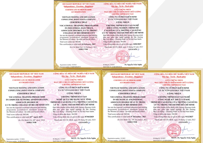 Giấy chứng nhận đạt tiêu chuẩn kiểm định chất lượng chương trình đào tạo của 03 nghề: Điện Công nghiệp, Công nghệ kỹ thuật cơ khí, Quản trị mạng máy tính mà Trường Cao đẳng Lý Tự Trọng Thành phố Hồ Chí Minh đã gửi minh chứng cho Tạp chí điện tử Giáo dục Việt Nam.
