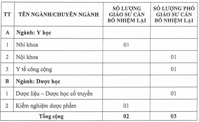 Nhu cầu bổ nhiệm lại chức danh giáo sư, phó giáo sư năm 2026 của Trường Đại học Y Dược Thành phố Hồ Chí Minh
