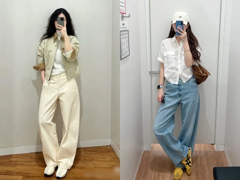 Tối giản kiểu Hàn Quốc: Áo khoác denim sáng màu hoặc áo sơ mi trắng phối cùng quần ống cong tối màu giúp tổng thể thanh lịch, nhẹ nhàng nhưng vẫn thời thượng.