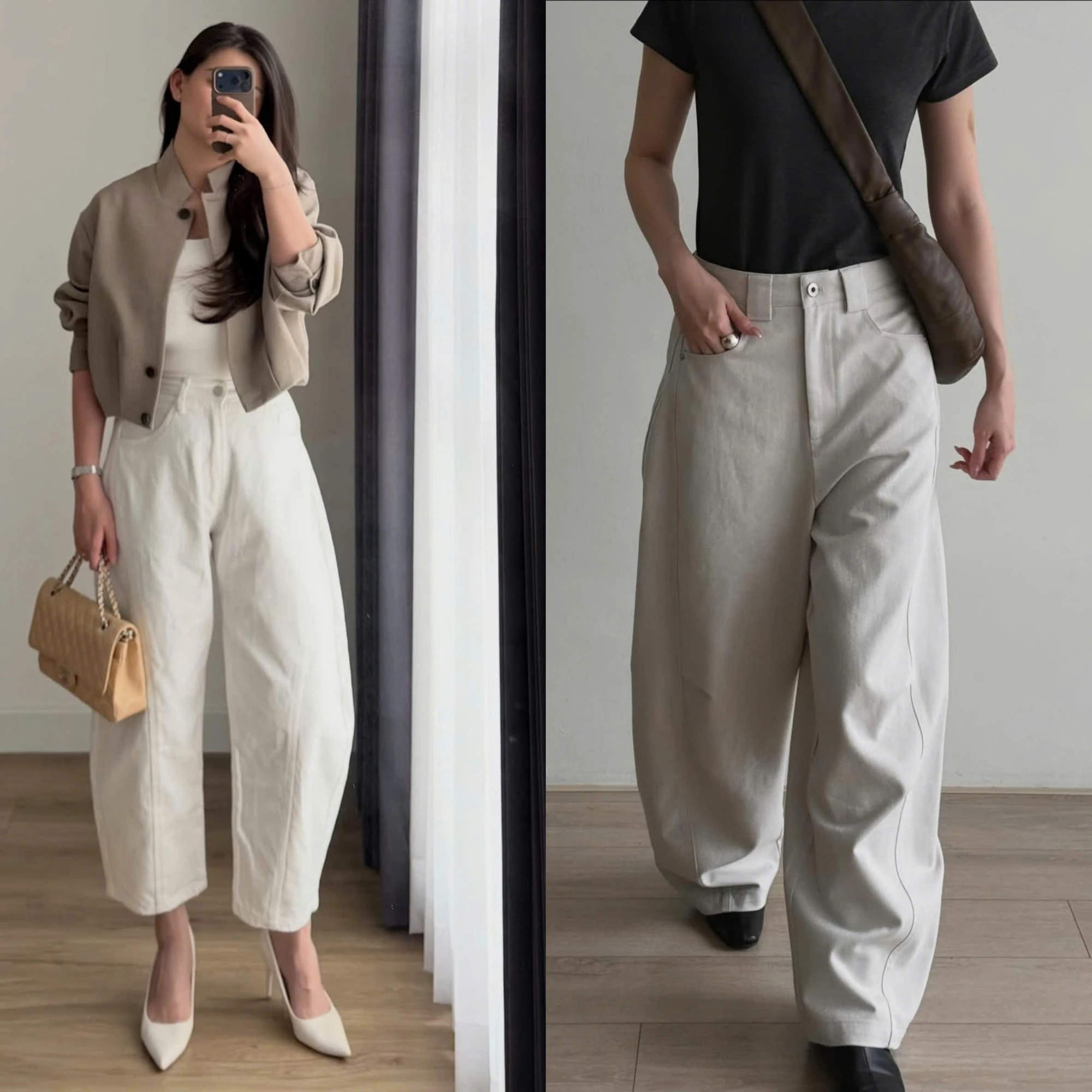 Layering trung tính: Các gam màu be, trắng, xám khi đi cùng quần ống cong tạo nên outfit tinh tế, phù hợp với những ai theo đuổi phong cách minimal.