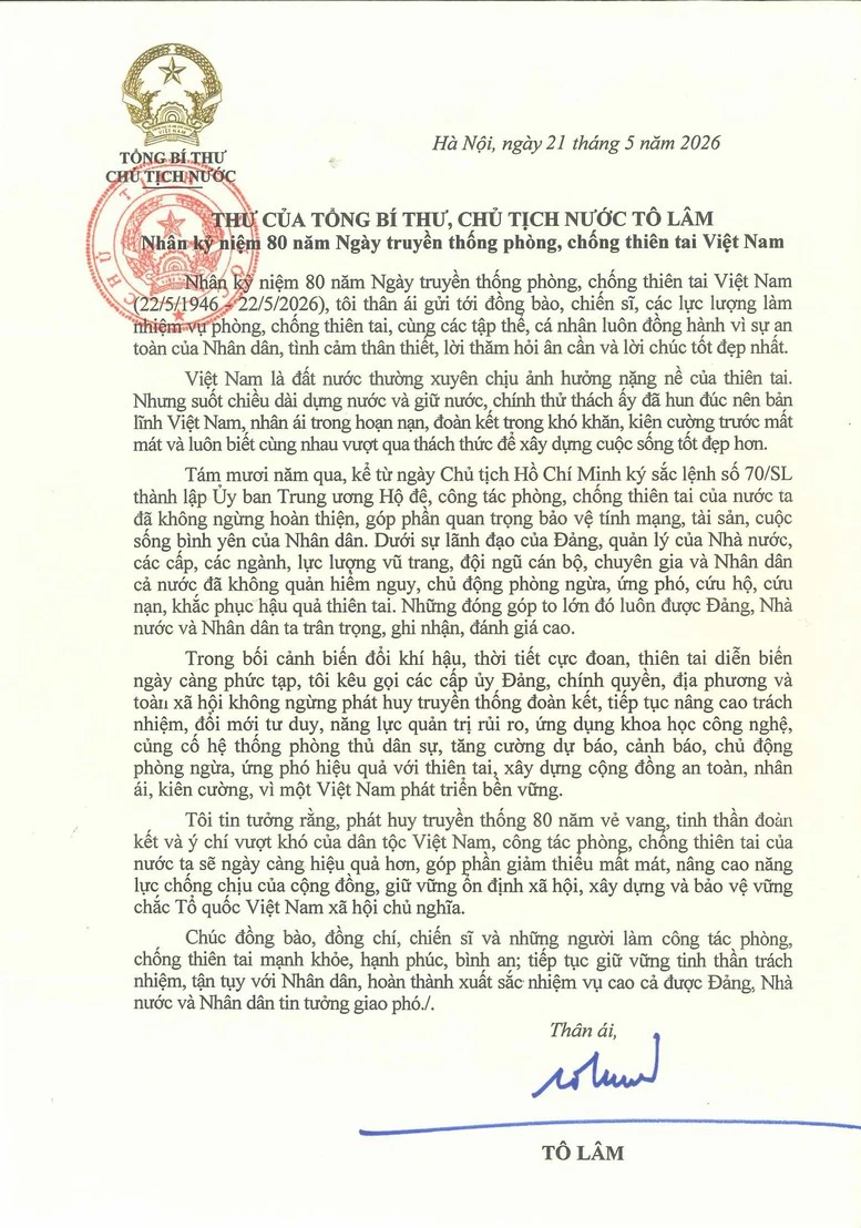 Tổng Bí thư, Chủ tịch nước Tô Lâm gửi thư nhân kỷ niệm Ngày truyền thống phòng, chống thiên tai - Ảnh 1. Tổng Bí thư, Chủ tịch nước Tô Lâm gửi thư nhân kỷ niệm Ngày truyền thống phòng, chống thiên tai - Ảnh 1.
